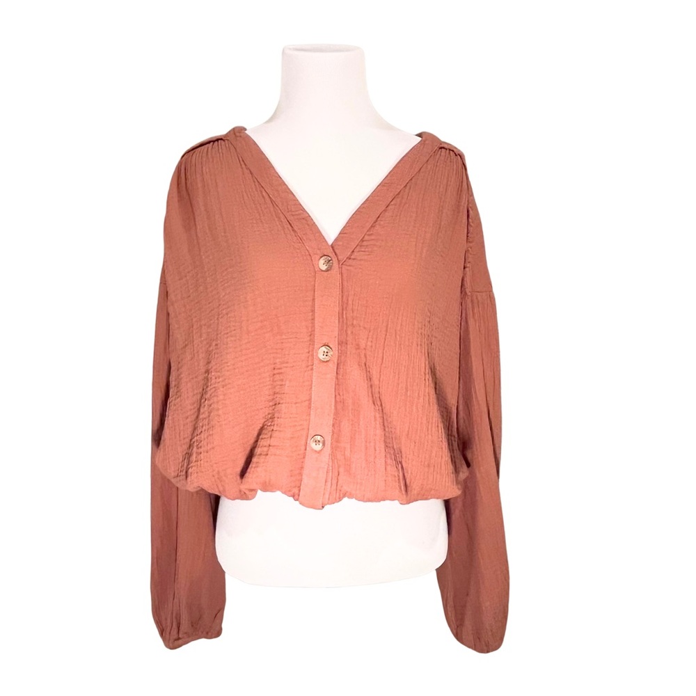 Free People | SM Pure Cotton Rust Clay Airy Pure Cotton Button V-Neck Top Blouse